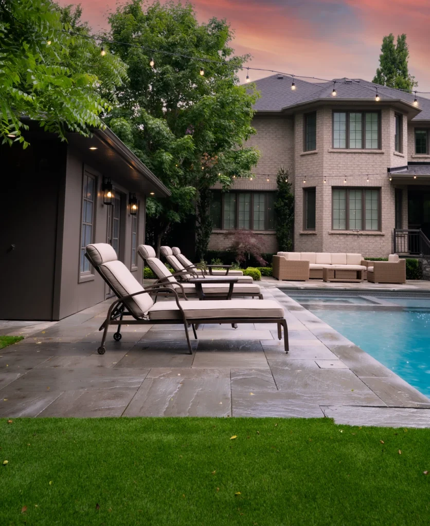A landscaping, pool coping and interlocking project completed by Mutti Landscaping in Kleinburg, Ontario